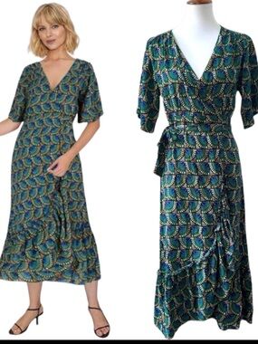 Silk & Salt Womens Journey Wrap Dress Green African Peacock Short Sleeve Medium
